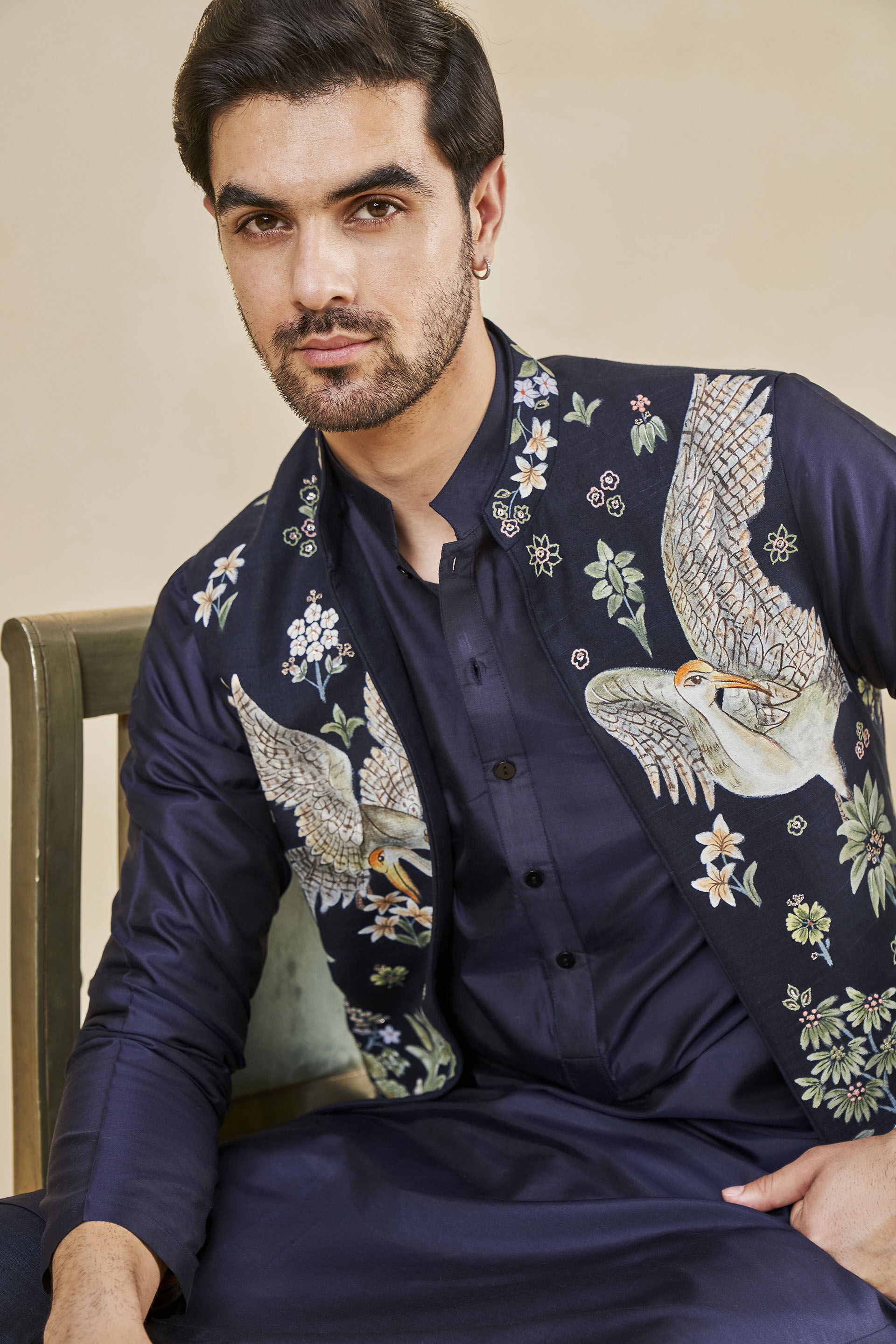 The Flamingo Spirit Hand-painted Pichhwai Silk Nehru Jacket - Navy, Navy, image 5